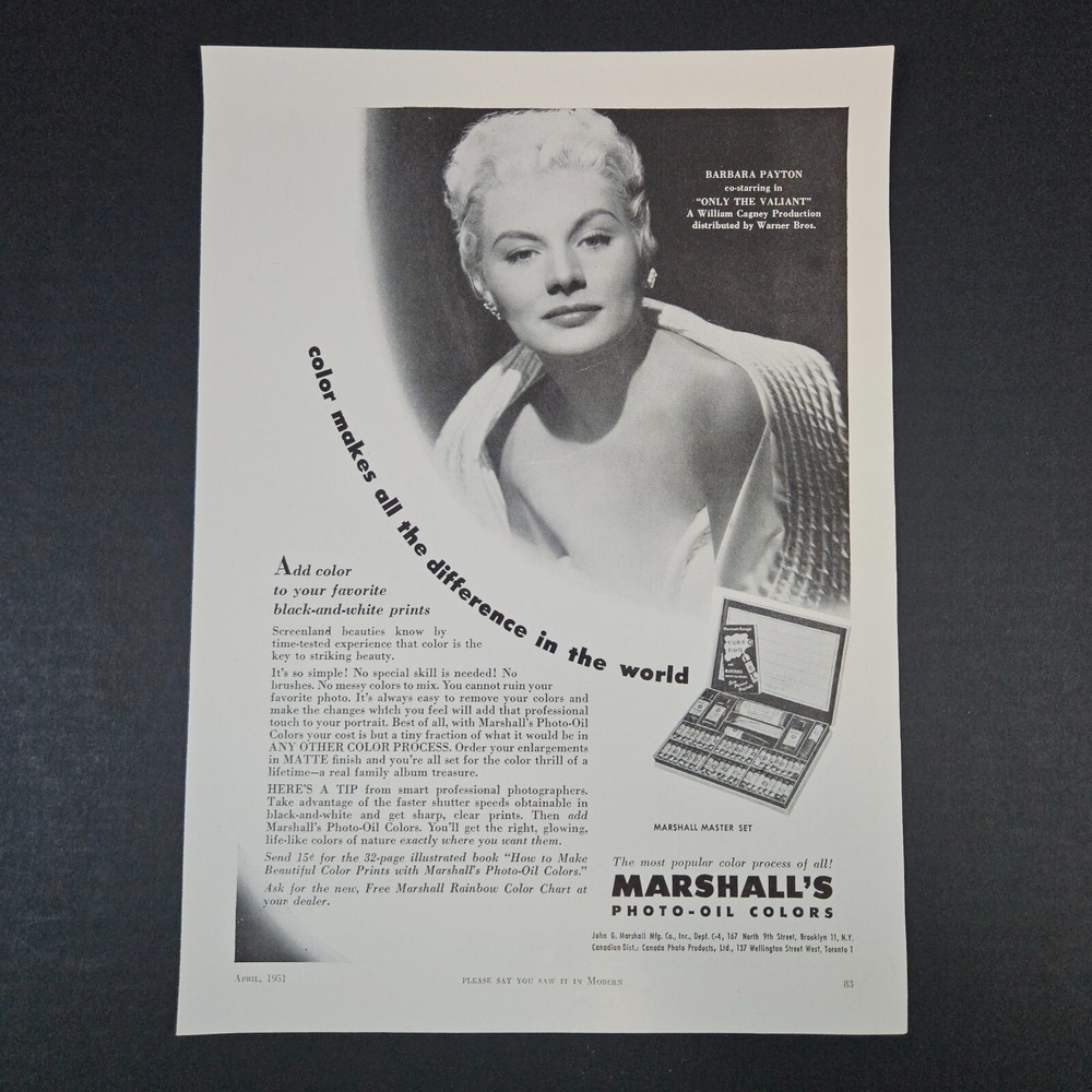 1951‎ Marshall's Photo-Oil Colors Master Set Vintage Print Ad Barbara Payton